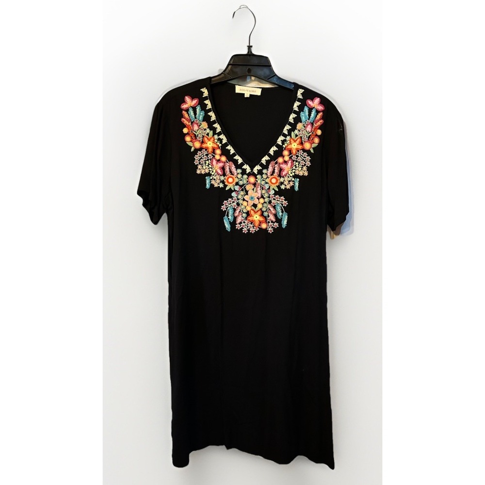 SOLITAIRE ANTHROPOLOGIE Women's Embroidered Dress Pockets Rayon Size S‎